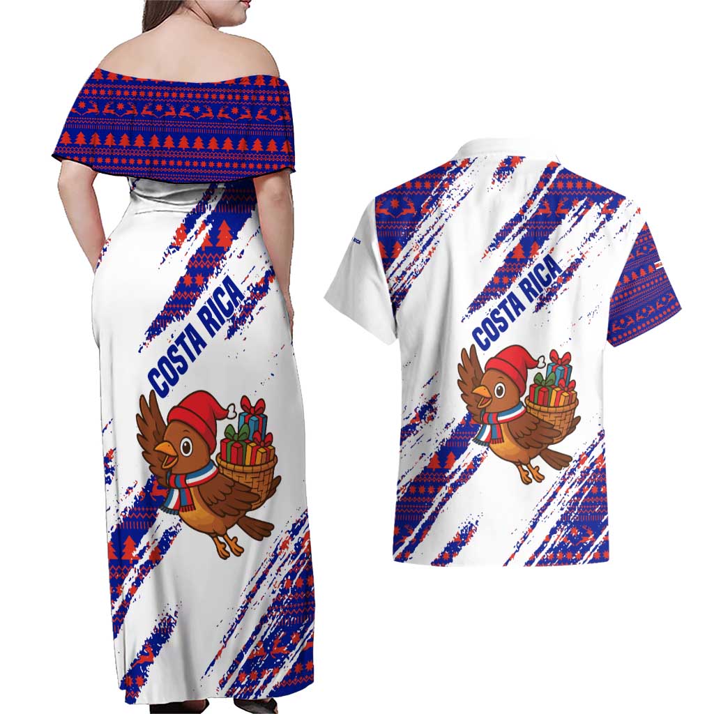 Costa Rica Christmas Couples Matching Off Shoulder Maxi Dress and Hawaiian Shirt with Holiday Bird Gifts Red Blue Pattern and National Flag Design - Wonder Print Shop