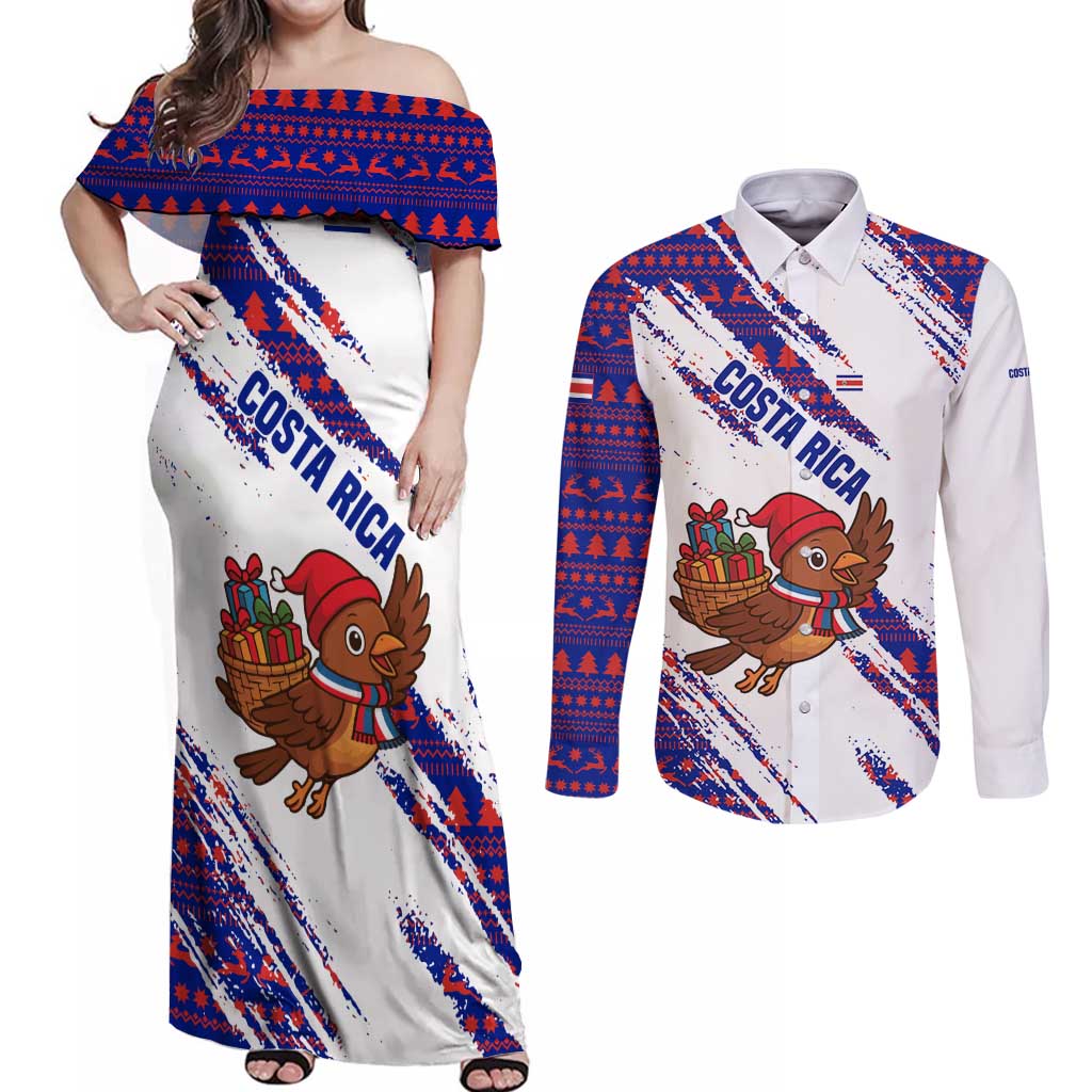 Costa Rica Christmas Couples Matching Off Shoulder Maxi Dress and Long Sleeve Button Shirt with Holiday Bird Gifts Red Blue Pattern and National Flag Design - Wonder Print Shop