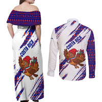 Costa Rica Christmas Couples Matching Off Shoulder Maxi Dress and Long Sleeve Button Shirt with Holiday Bird Gifts Red Blue Pattern and National Flag Design - Wonder Print Shop