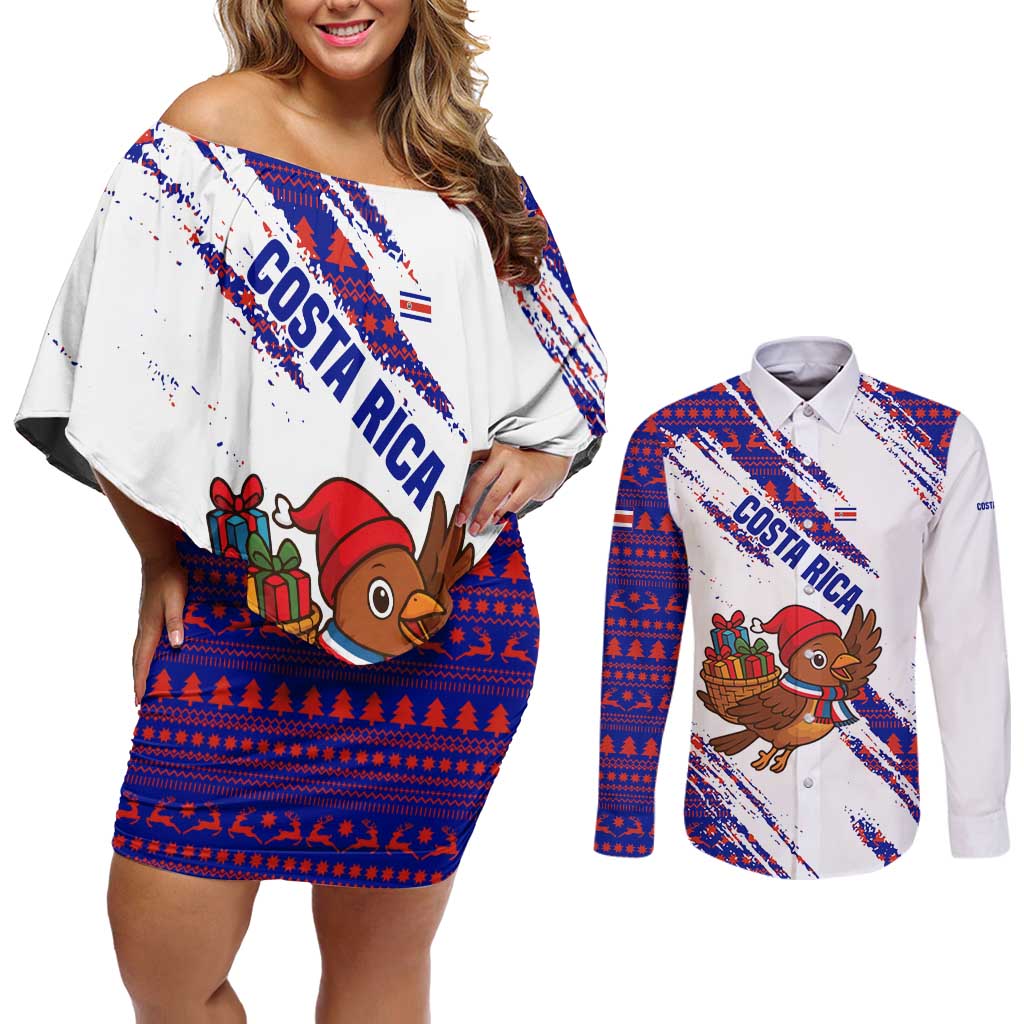 Costa Rica Christmas Couples Matching Off Shoulder Short Dress and Long Sleeve Button Shirt with Holiday Bird Gifts Red Blue Pattern and National Flag Design - Wonder Print Shop