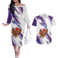 Costa Rica Christmas Couples Matching Off The Shoulder Long Sleeve Dress and Hawaiian Shirt with Holiday Bird Gifts Red Blue Pattern and National Flag Design - Wonder Print Shop