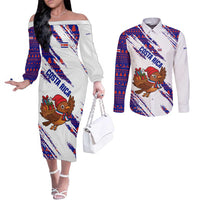 Costa Rica Christmas Couples Matching Off The Shoulder Long Sleeve Dress and Long Sleeve Button Shirt with Holiday Bird Gifts Red Blue Pattern and National Flag Design - Wonder Print Shop
