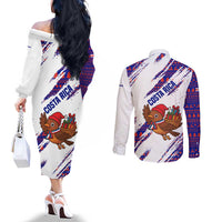 Costa Rica Christmas Couples Matching Off The Shoulder Long Sleeve Dress and Long Sleeve Button Shirt with Holiday Bird Gifts Red Blue Pattern and National Flag Design - Wonder Print Shop