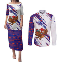 Costa Rica Christmas Couples Matching Puletasi and Long Sleeve Button Shirt with Holiday Bird Gifts Red Blue Pattern and National Flag Design - Wonder Print Shop