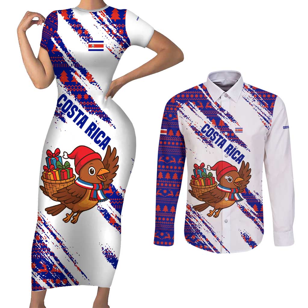 Costa Rica Christmas Couples Matching Short Sleeve Bodycon Dress and Long Sleeve Button Shirt with Holiday Bird Gifts Red Blue Pattern and National Flag Design - Wonder Print Shop