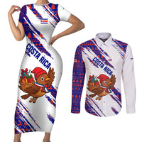 Costa Rica Christmas Couples Matching Short Sleeve Bodycon Dress and Long Sleeve Button Shirt with Holiday Bird Gifts Red Blue Pattern and National Flag Design - Wonder Print Shop