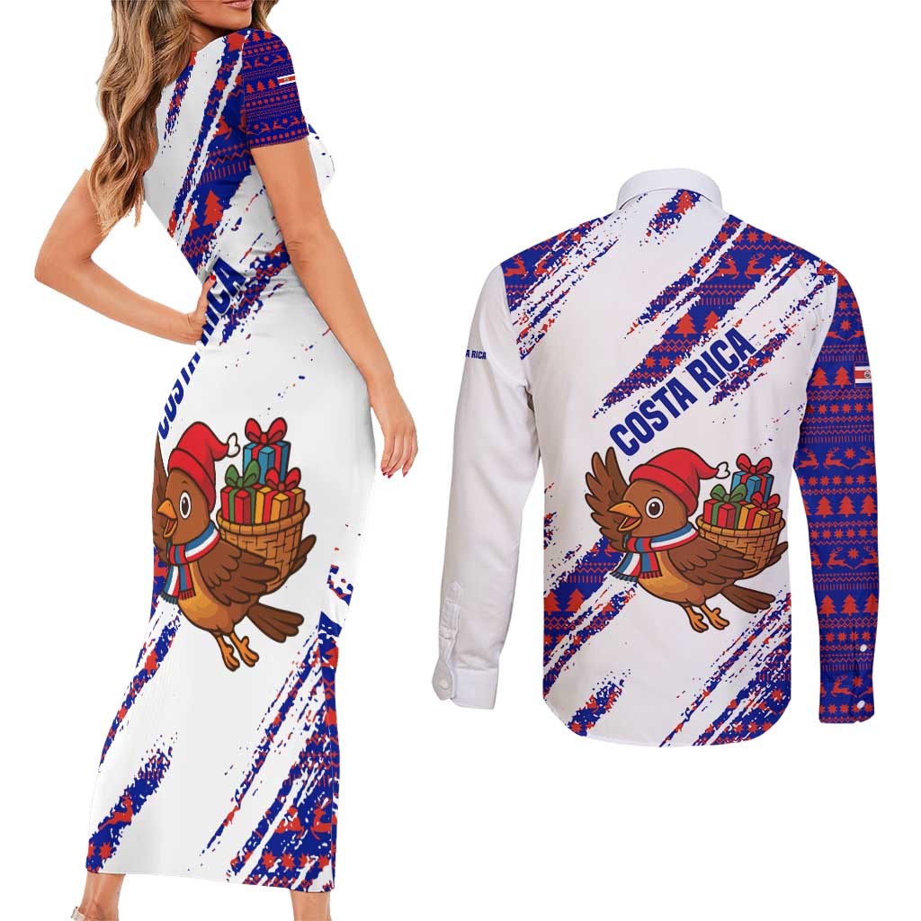 Costa Rica Christmas Couples Matching Short Sleeve Bodycon Dress and Long Sleeve Button Shirt with Holiday Bird Gifts Red Blue Pattern and National Flag Design - Wonder Print Shop