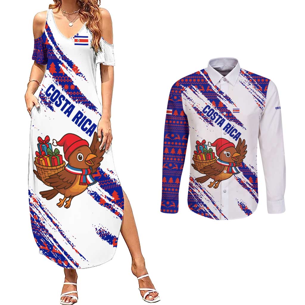 Costa Rica Christmas Couples Matching Summer Maxi Dress and Long Sleeve Button Shirt with Holiday Bird Gifts Red Blue Pattern and National Flag Design - Wonder Print Shop
