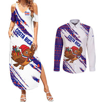 Costa Rica Christmas Couples Matching Summer Maxi Dress and Long Sleeve Button Shirt with Holiday Bird Gifts Red Blue Pattern and National Flag Design - Wonder Print Shop