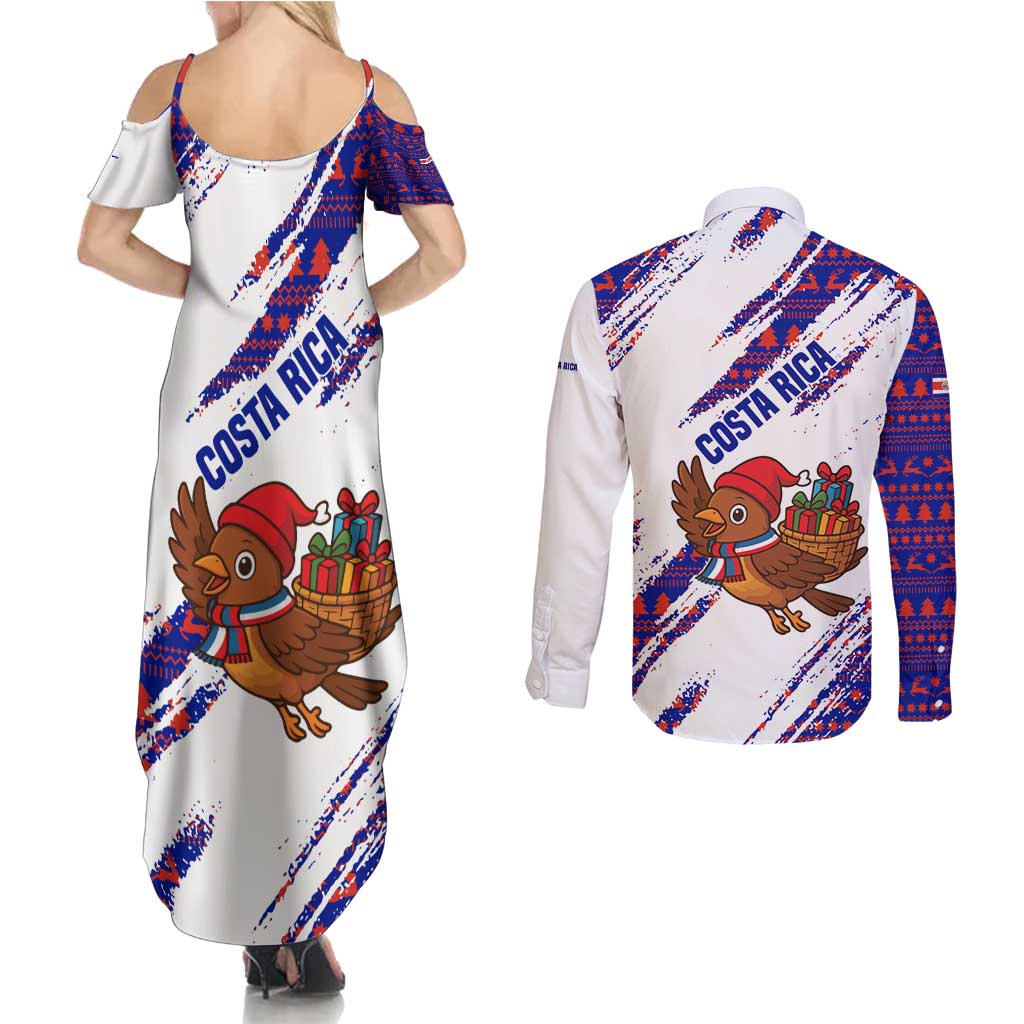 Costa Rica Christmas Couples Matching Summer Maxi Dress and Long Sleeve Button Shirt with Holiday Bird Gifts Red Blue Pattern and National Flag Design - Wonder Print Shop