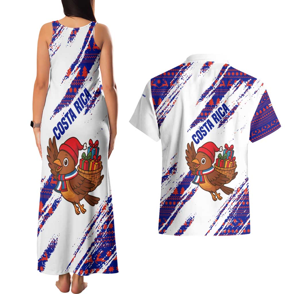 Costa Rica Christmas Couples Matching Tank Maxi Dress and Hawaiian Shirt with Holiday Bird Gifts Red Blue Pattern and National Flag Design - Wonder Print Shop