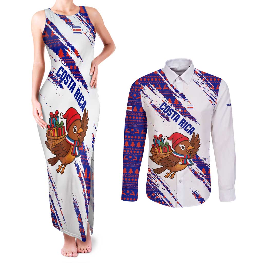 Costa Rica Christmas Couples Matching Tank Maxi Dress and Long Sleeve Button Shirt with Holiday Bird Gifts Red Blue Pattern and National Flag Design - Wonder Print Shop
