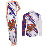 Costa Rica Christmas Couples Matching Tank Maxi Dress and Long Sleeve Button Shirt with Holiday Bird Gifts Red Blue Pattern and National Flag Design - Wonder Print Shop
