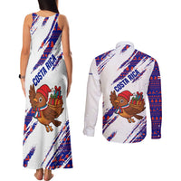 Costa Rica Christmas Couples Matching Tank Maxi Dress and Long Sleeve Button Shirt with Holiday Bird Gifts Red Blue Pattern and National Flag Design - Wonder Print Shop