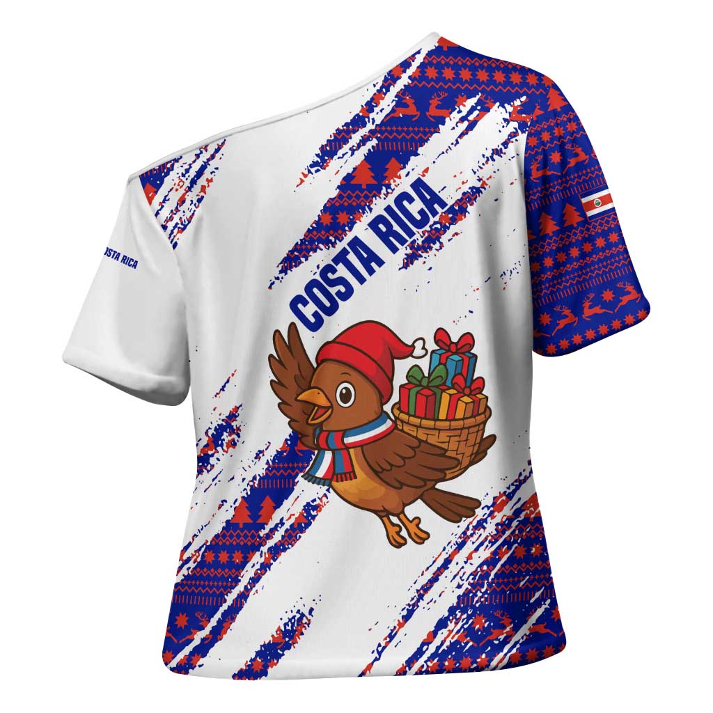 Costa Rica Christmas Cross Shoulder Shirt with Holiday Bird Gifts Red Blue Pattern and National Flag Design - Wonder Print Shop
