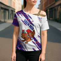 Costa Rica Christmas Cross Shoulder Shirt with Holiday Bird Gifts Red Blue Pattern and National Flag Design - Wonder Print Shop