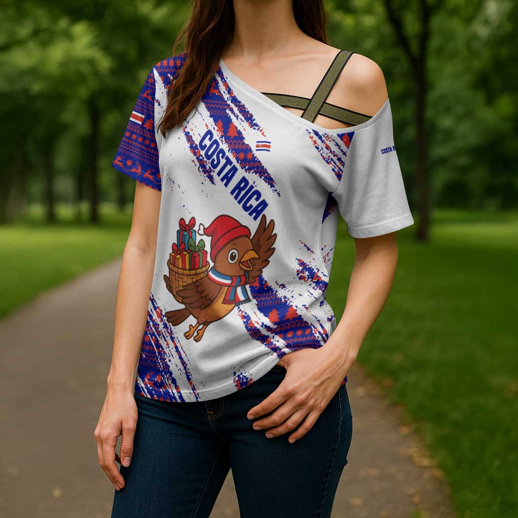 Costa Rica Christmas Cross Shoulder Shirt with Holiday Bird Gifts Red Blue Pattern and National Flag Design - Wonder Print Shop