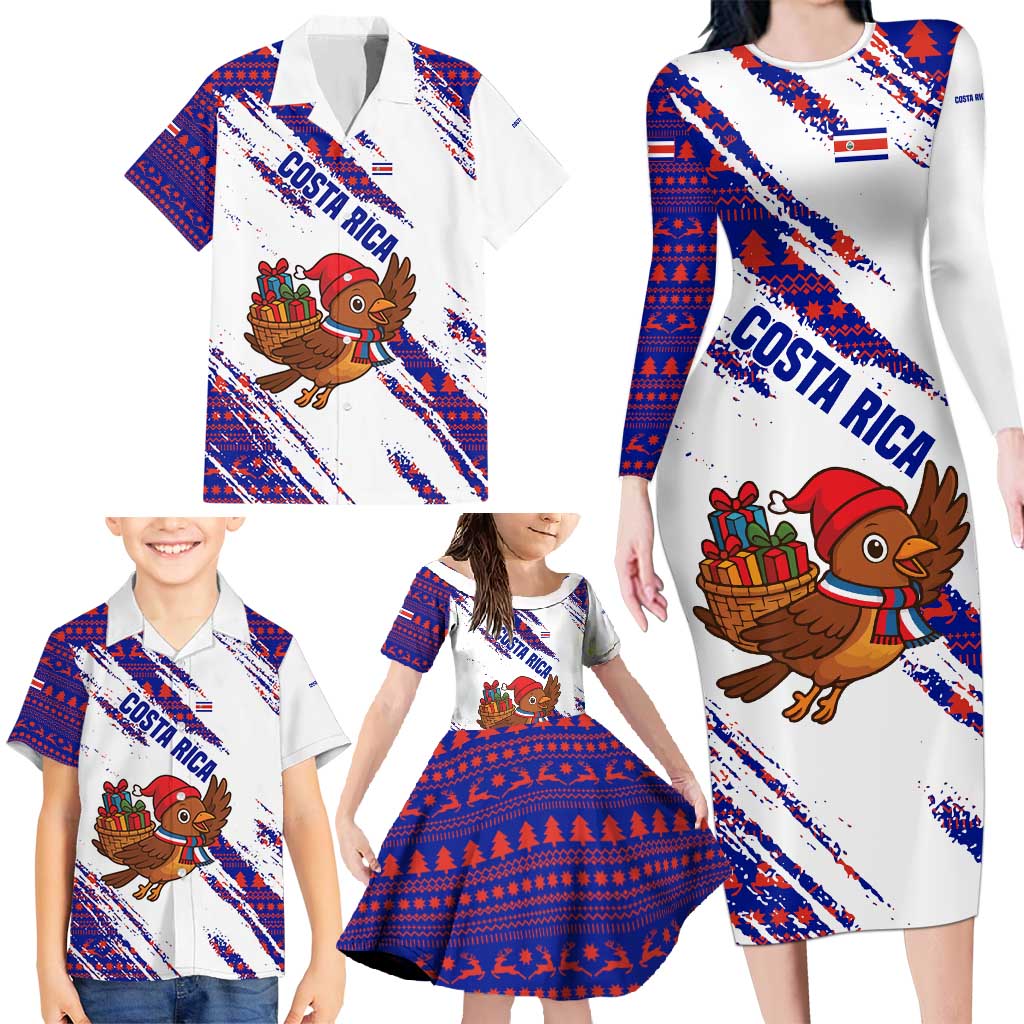 Costa Rica Christmas Family Matching Long Sleeve Bodycon Dress and Hawaiian Shirt with Holiday Bird Gifts Red Blue Pattern and National Flag Design - Wonder Print Shop
