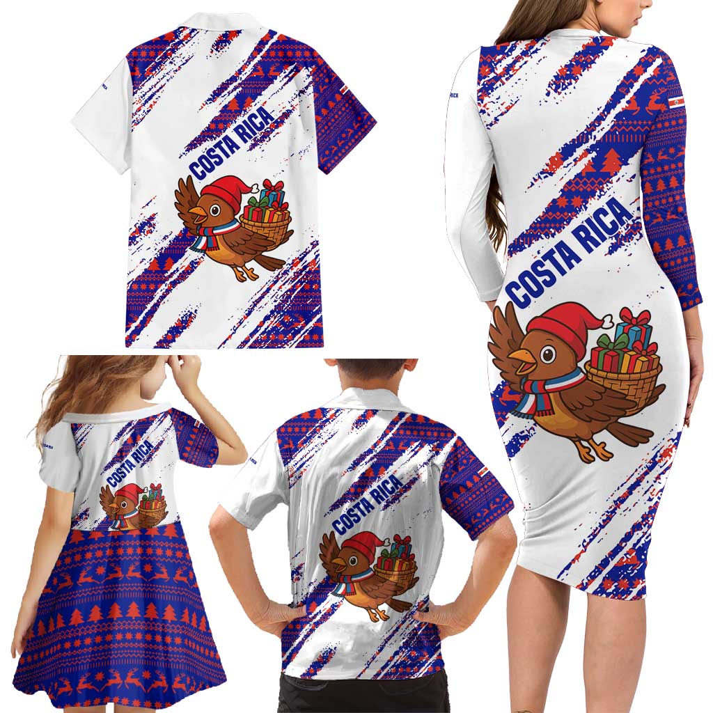 Costa Rica Christmas Family Matching Long Sleeve Bodycon Dress and Hawaiian Shirt with Holiday Bird Gifts Red Blue Pattern and National Flag Design - Wonder Print Shop