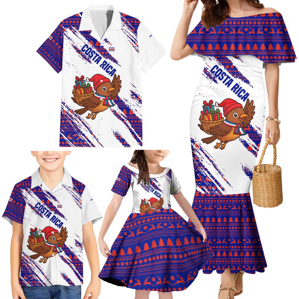 Costa Rica Christmas Family Matching Mermaid Dress and Hawaiian Shirt with Holiday Bird Gifts Red Blue Pattern and National Flag Design - Wonder Print Shop