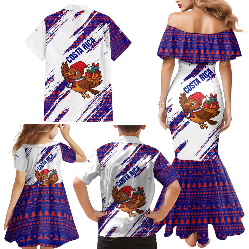 Costa Rica Christmas Family Matching Mermaid Dress and Hawaiian Shirt with Holiday Bird Gifts Red Blue Pattern and National Flag Design - Wonder Print Shop