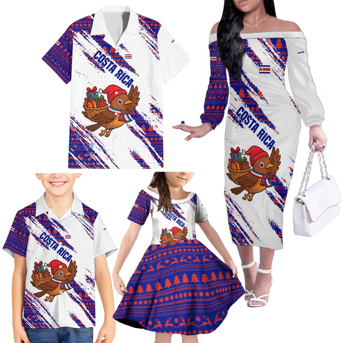 Costa Rica Christmas Family Matching Off The Shoulder Long Sleeve Dress and Hawaiian Shirt with Holiday Bird Gifts Red Blue Pattern and National Flag Design - Wonder Print Shop