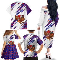 Costa Rica Christmas Family Matching Off The Shoulder Long Sleeve Dress and Hawaiian Shirt with Holiday Bird Gifts Red Blue Pattern and National Flag Design - Wonder Print Shop