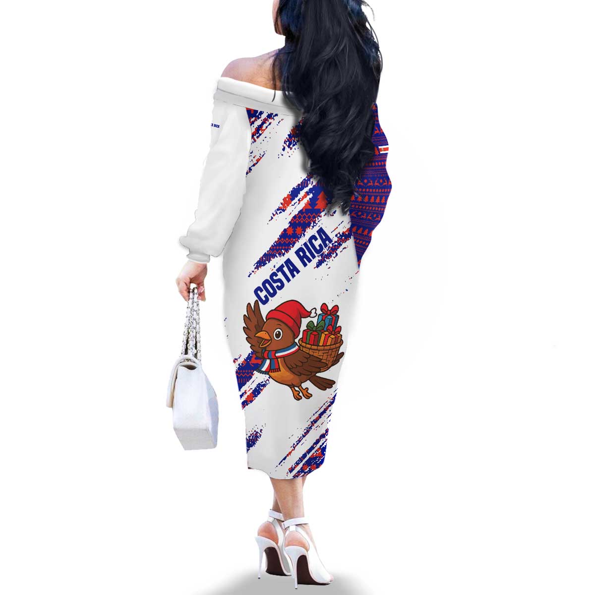 Costa Rica Christmas Family Matching Off The Shoulder Long Sleeve Dress and Hawaiian Shirt with Holiday Bird Gifts Red Blue Pattern and National Flag Design - Wonder Print Shop