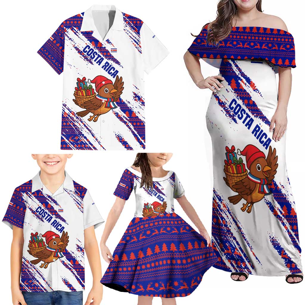 Costa Rica Christmas Family Matching Off Shoulder Maxi Dress and Hawaiian Shirt with Holiday Bird Gifts Red Blue Pattern and National Flag Design - Wonder Print Shop