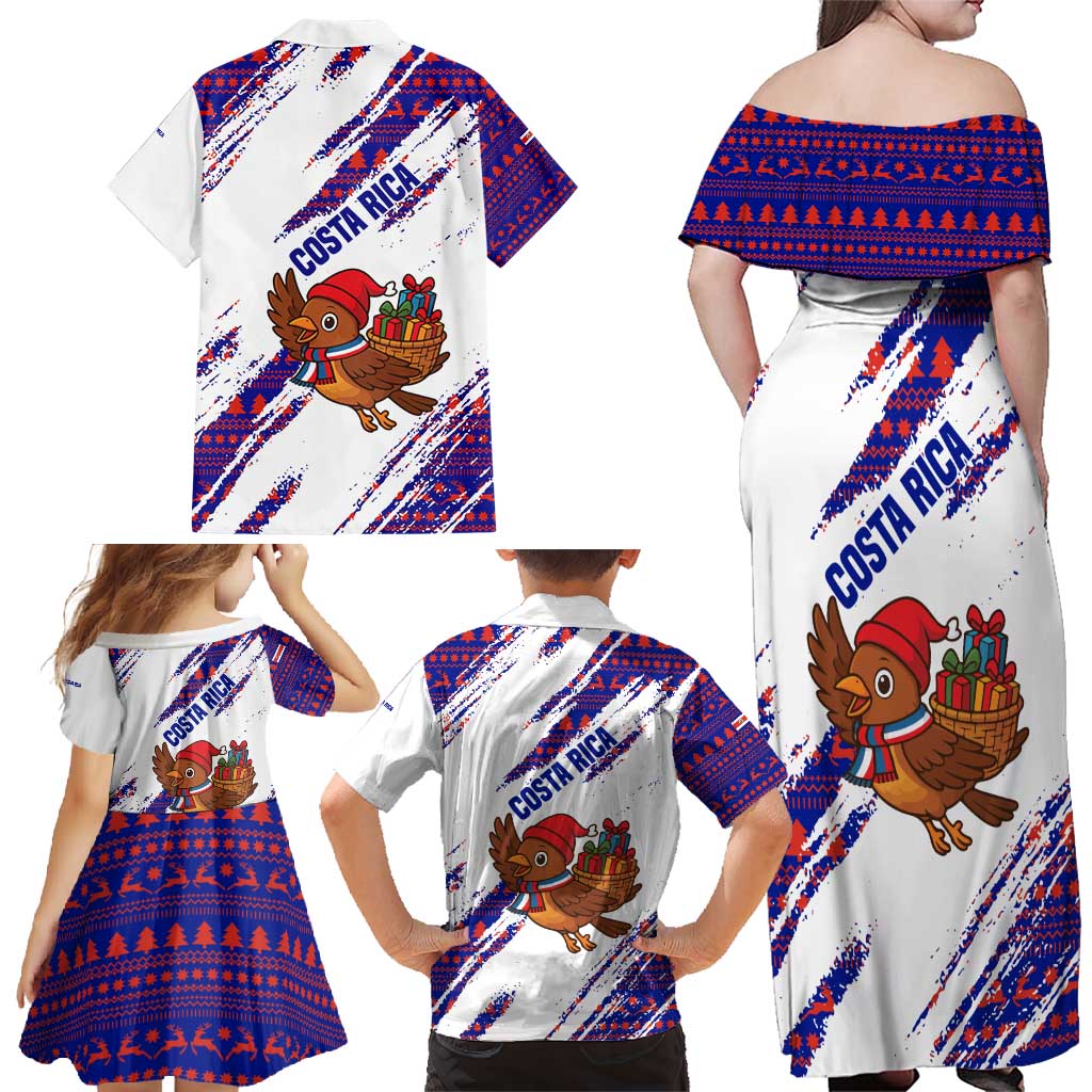 Costa Rica Christmas Family Matching Off Shoulder Maxi Dress and Hawaiian Shirt with Holiday Bird Gifts Red Blue Pattern and National Flag Design - Wonder Print Shop