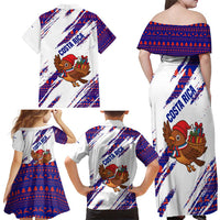 Costa Rica Christmas Family Matching Off Shoulder Maxi Dress and Hawaiian Shirt with Holiday Bird Gifts Red Blue Pattern and National Flag Design - Wonder Print Shop