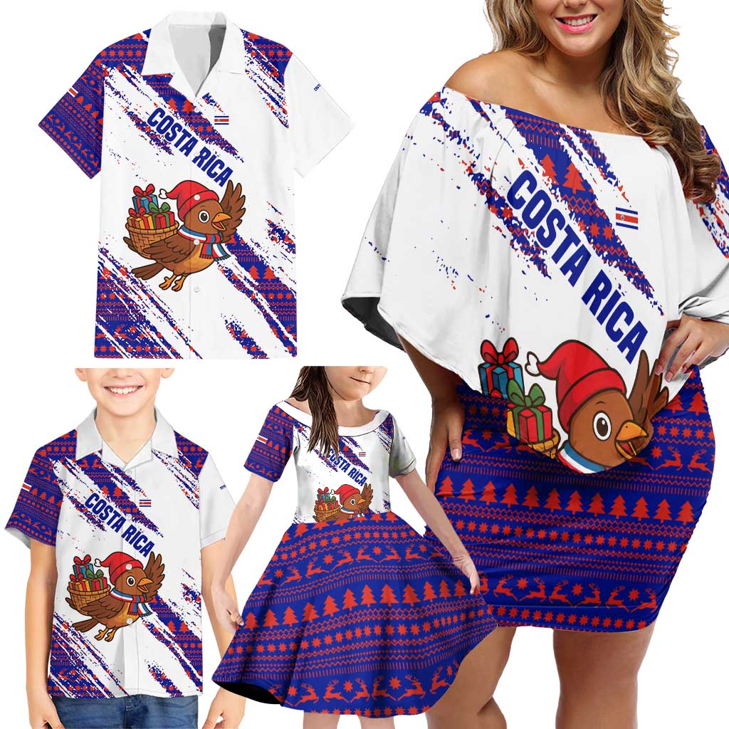 Costa Rica Christmas Family Matching Off Shoulder Short Dress and Hawaiian Shirt with Holiday Bird Gifts Red Blue Pattern and National Flag Design - Wonder Print Shop
