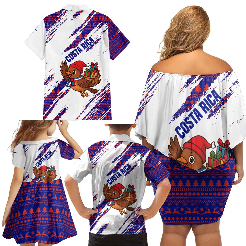 Costa Rica Christmas Family Matching Off Shoulder Short Dress and Hawaiian Shirt with Holiday Bird Gifts Red Blue Pattern and National Flag Design - Wonder Print Shop