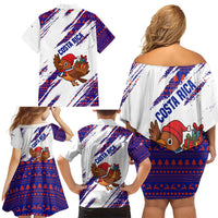 Costa Rica Christmas Family Matching Off Shoulder Short Dress and Hawaiian Shirt with Holiday Bird Gifts Red Blue Pattern and National Flag Design - Wonder Print Shop