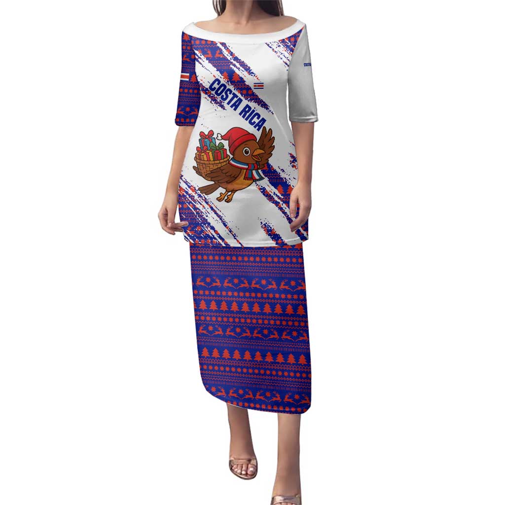 Costa Rica Christmas Family Matching Puletasi and Hawaiian Shirt with Holiday Bird Gifts Red Blue Pattern and National Flag Design - Wonder Print Shop