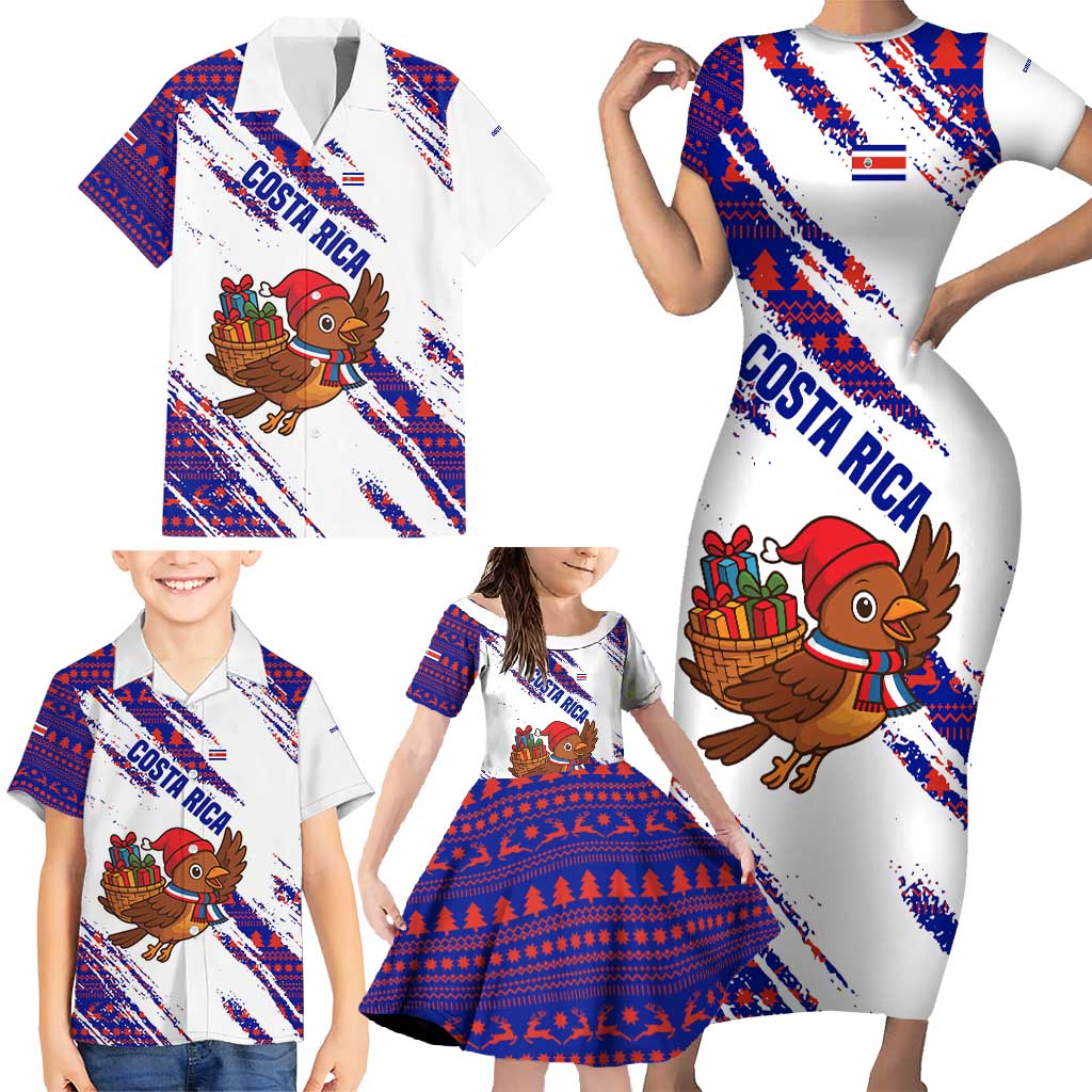 Costa Rica Christmas Family Matching Short Sleeve Bodycon Dress and Hawaiian Shirt with Holiday Bird Gifts Red Blue Pattern and National Flag Design - Wonder Print Shop