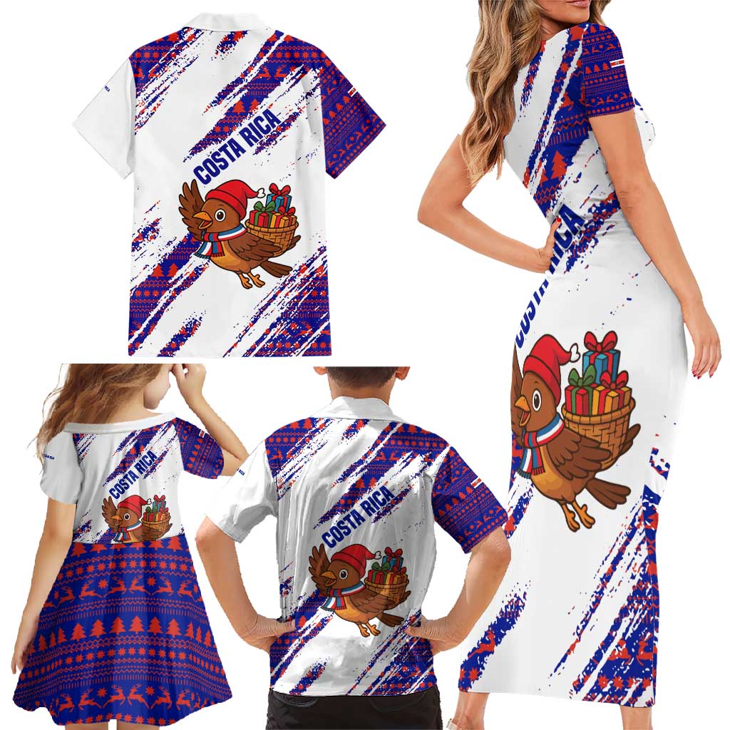 Costa Rica Christmas Family Matching Short Sleeve Bodycon Dress and Hawaiian Shirt with Holiday Bird Gifts Red Blue Pattern and National Flag Design - Wonder Print Shop