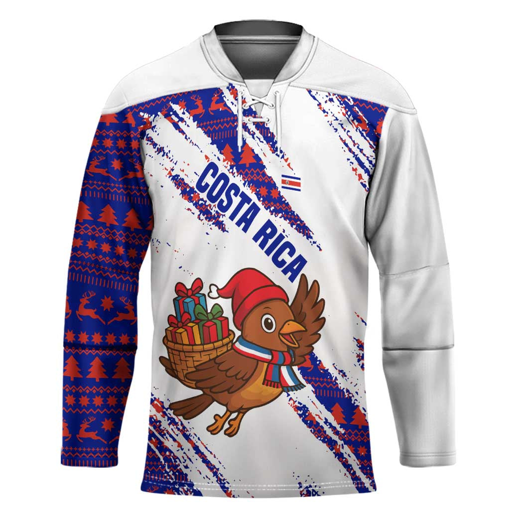 Costa Rica Christmas Hockey Jersey with Holiday Bird Gifts Red Blue Pattern and National Flag Design - Wonder Print Shop