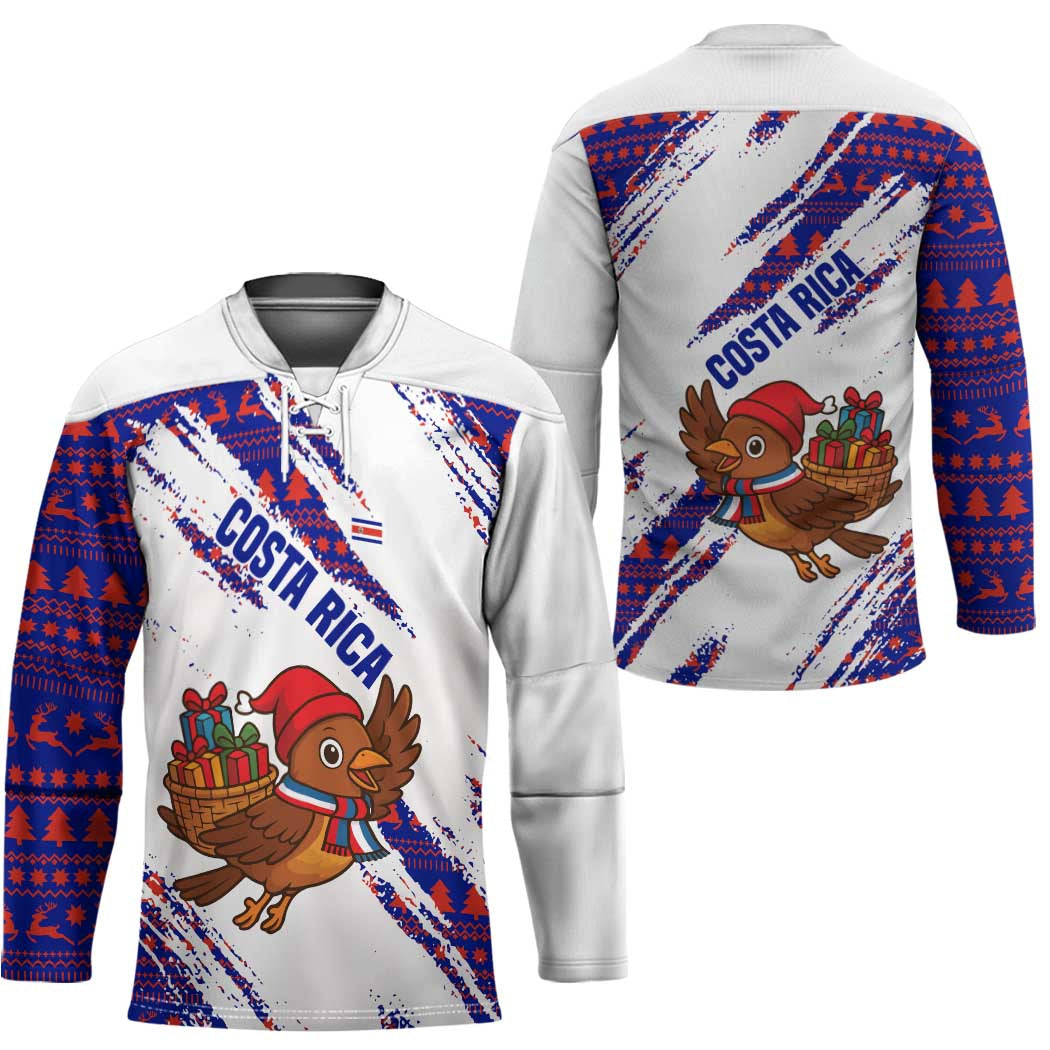 Costa Rica Christmas Hockey Jersey with Holiday Bird Gifts Red Blue Pattern and National Flag Design - Wonder Print Shop