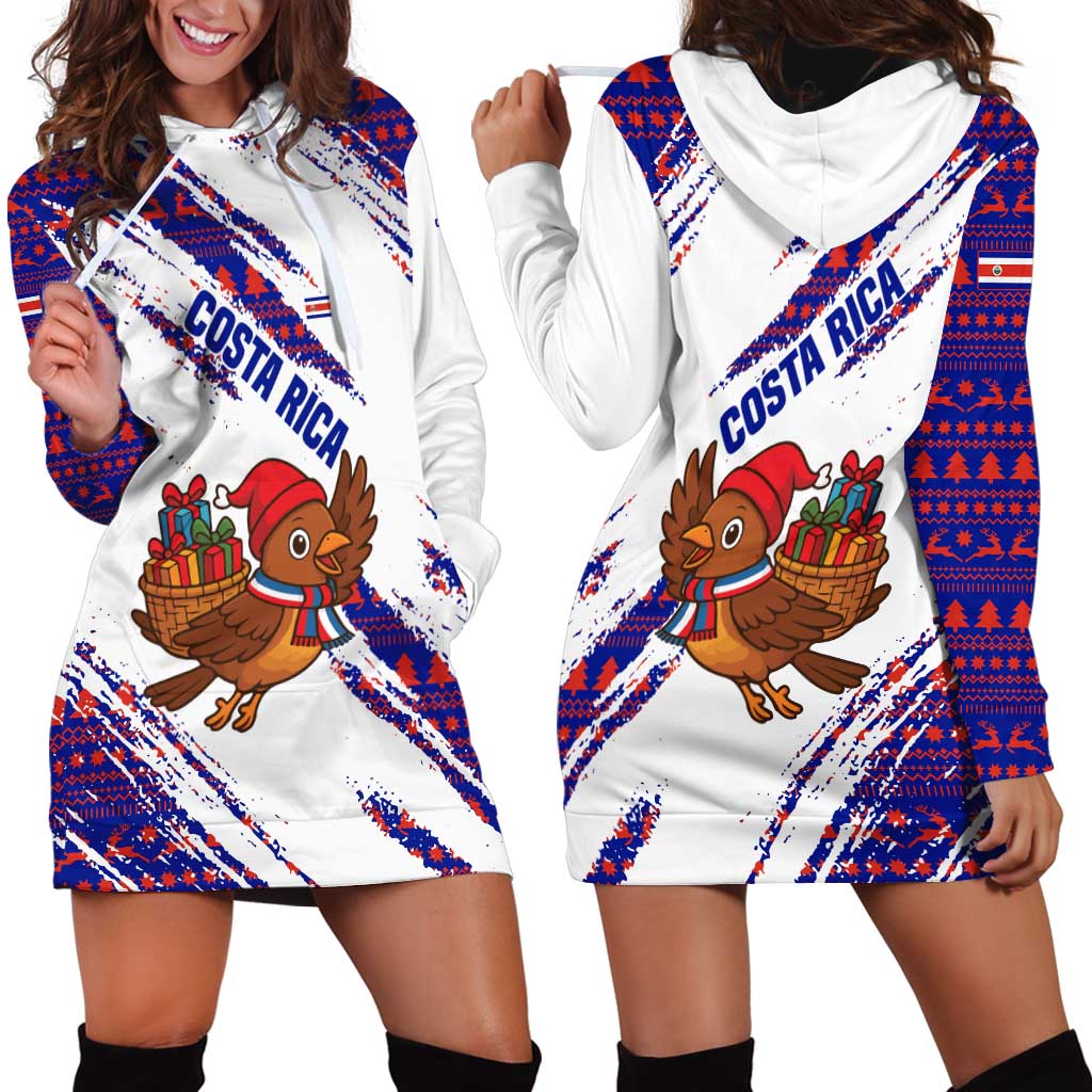 Costa Rica Christmas Hoodie Dress with Holiday Bird Gifts Red Blue Pattern and National Flag Design - Wonder Print Shop