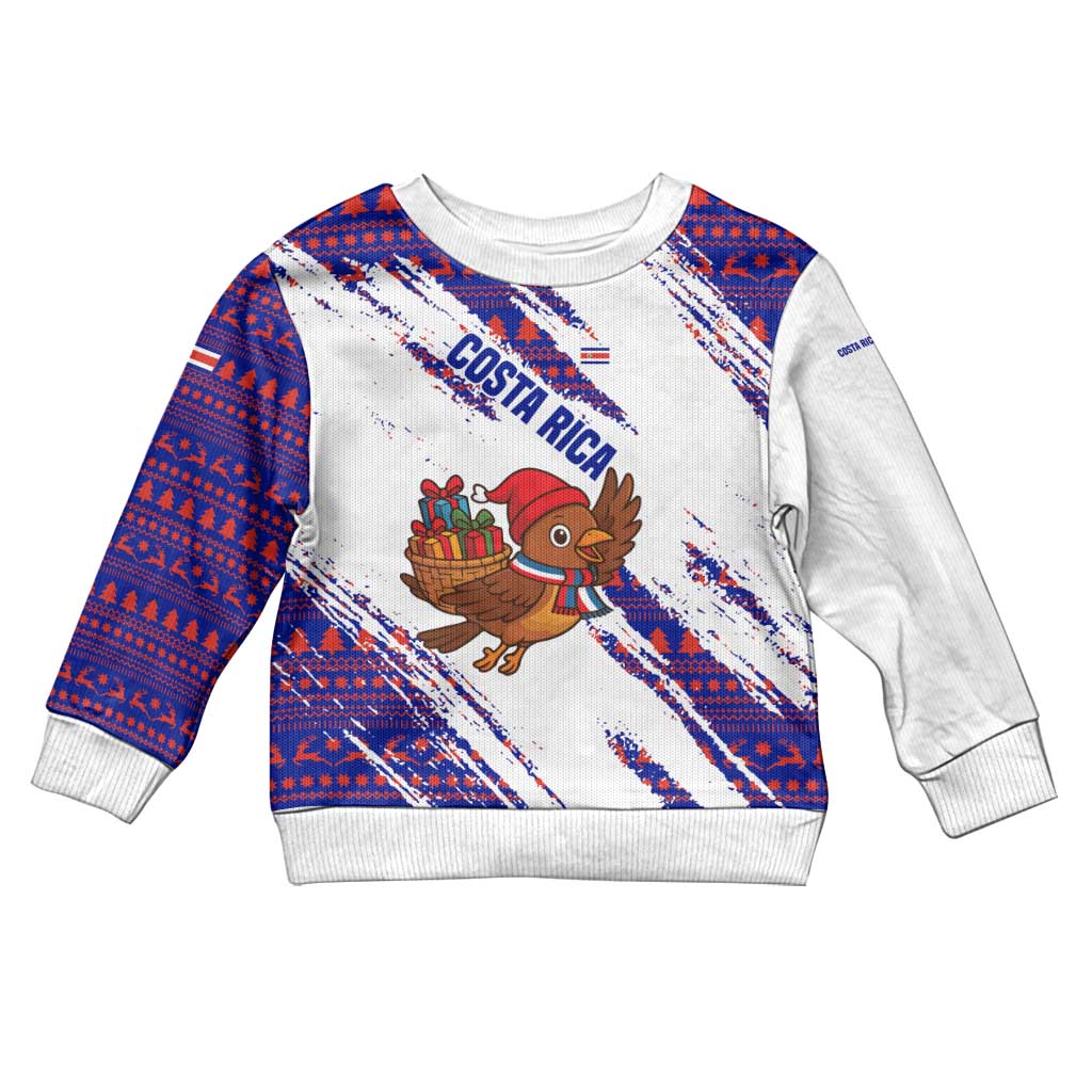 Costa Rica Christmas Kid Ugly Christmas Sweater with Holiday Bird Gifts Red Blue Pattern and National Flag Design - Wonder Print Shop