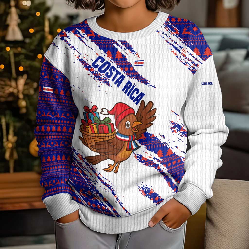 Costa Rica Christmas Kid Ugly Christmas Sweater with Holiday Bird Gifts Red Blue Pattern and National Flag Design - Wonder Print Shop