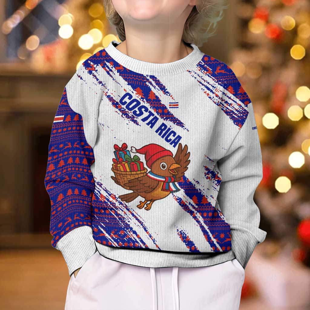 Costa Rica Christmas Kid Ugly Christmas Sweater with Holiday Bird Gifts Red Blue Pattern and National Flag Design - Wonder Print Shop