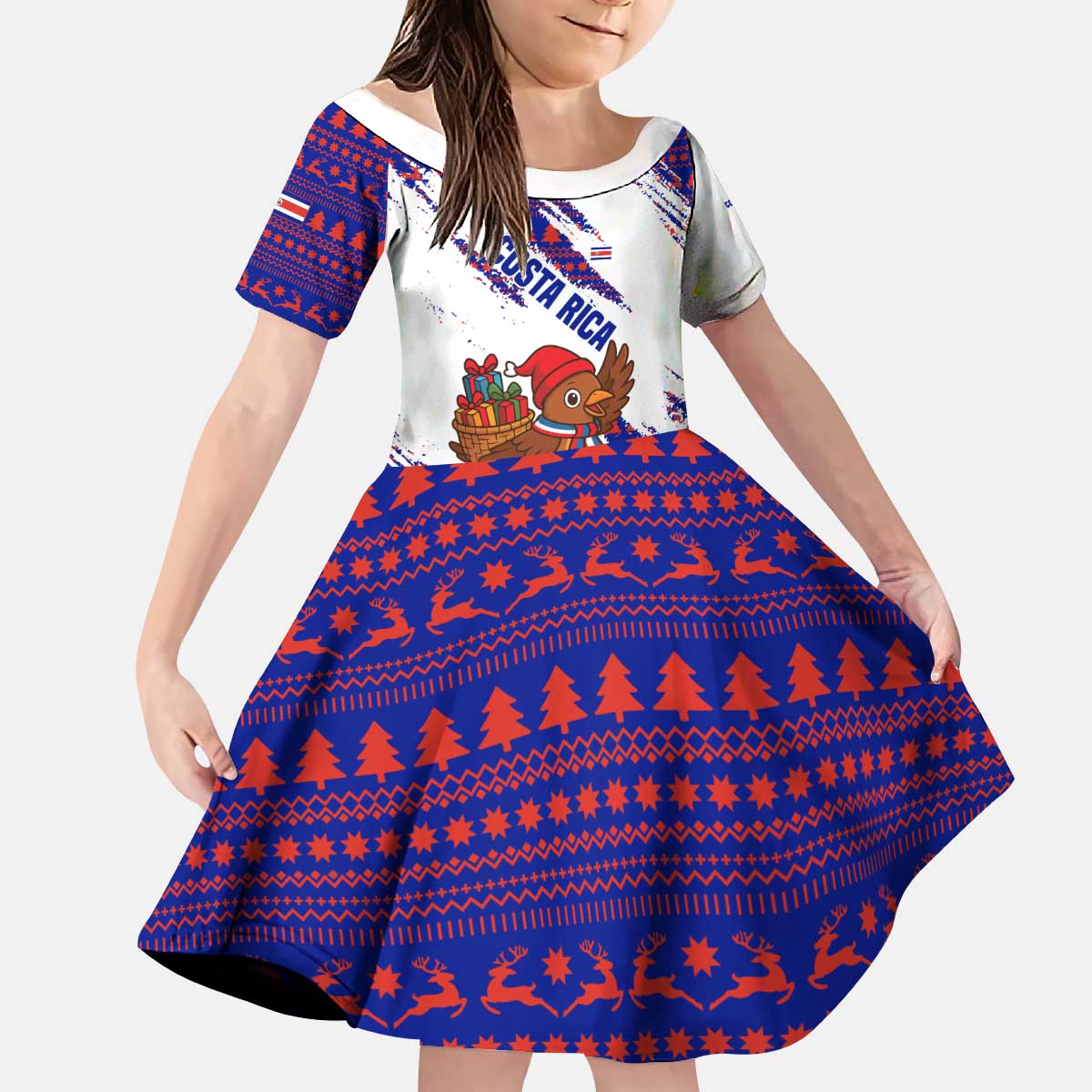 Costa Rica Christmas Kid Short Sleeve Dress with Holiday Bird Gifts Red Blue Pattern and National Flag Design - Wonder Print Shop