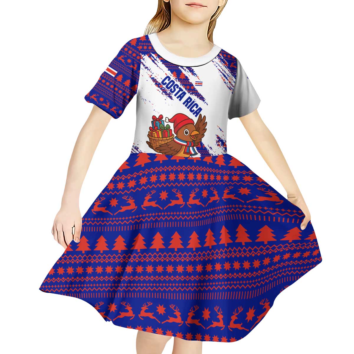Costa Rica Christmas Kid Short Sleeve Dress with Holiday Bird Gifts Red Blue Pattern and National Flag Design - Wonder Print Shop