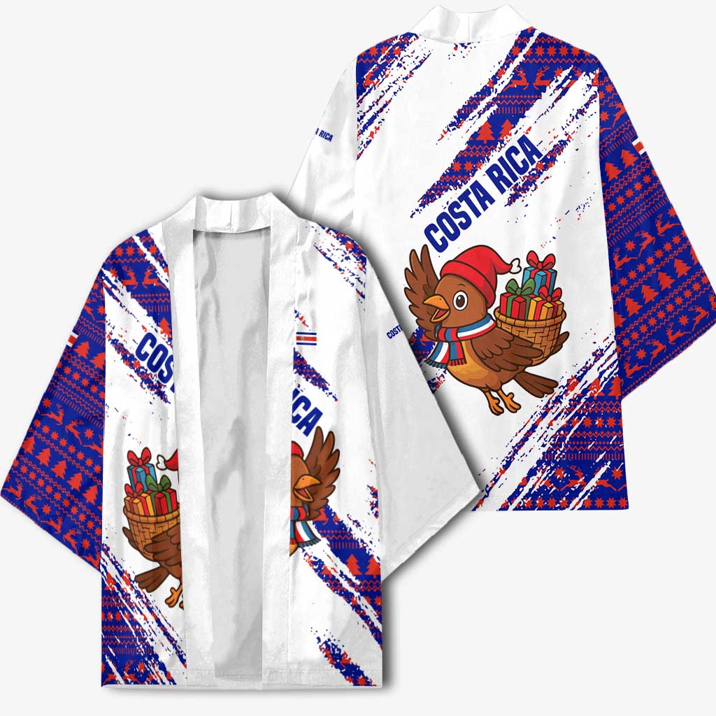 Costa Rica Christmas Kimono with Holiday Bird Gifts Red Blue Pattern and National Flag Design - Wonder Print Shop
