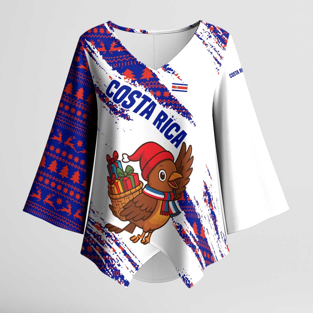 Costa Rica Christmas Kimono Sleeve Blouse with Holiday Bird Gifts Red Blue Pattern and National Flag Design - Wonder Print Shop