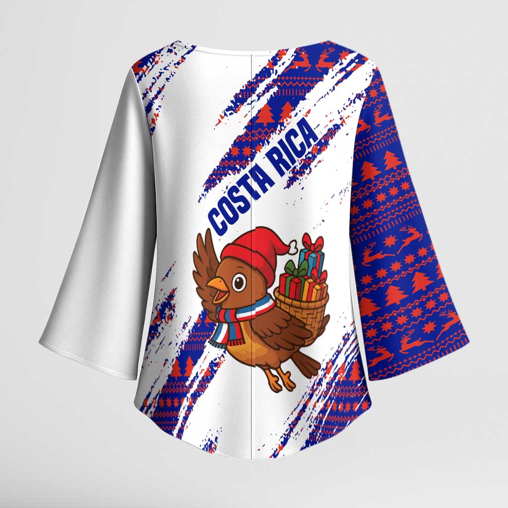 Costa Rica Christmas Kimono Sleeve Blouse with Holiday Bird Gifts Red Blue Pattern and National Flag Design - Wonder Print Shop