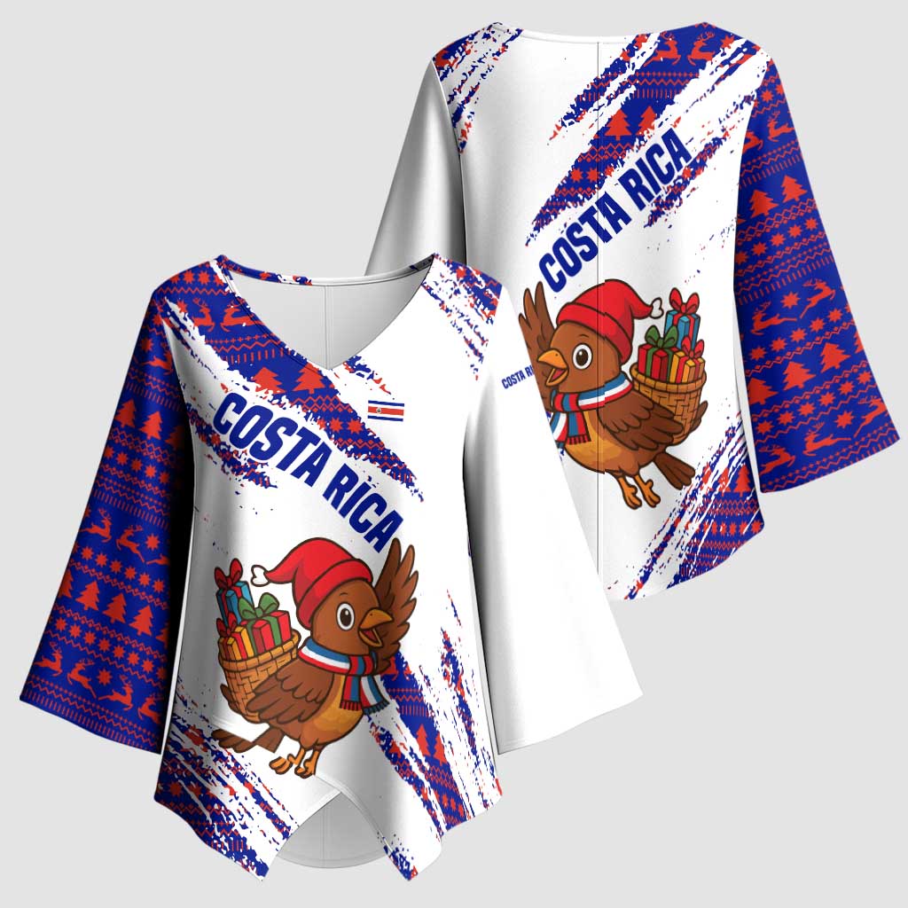 Costa Rica Christmas Kimono Sleeve Blouse with Holiday Bird Gifts Red Blue Pattern and National Flag Design - Wonder Print Shop