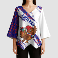 Costa Rica Christmas Kimono Sleeve Blouse with Holiday Bird Gifts Red Blue Pattern and National Flag Design - Wonder Print Shop